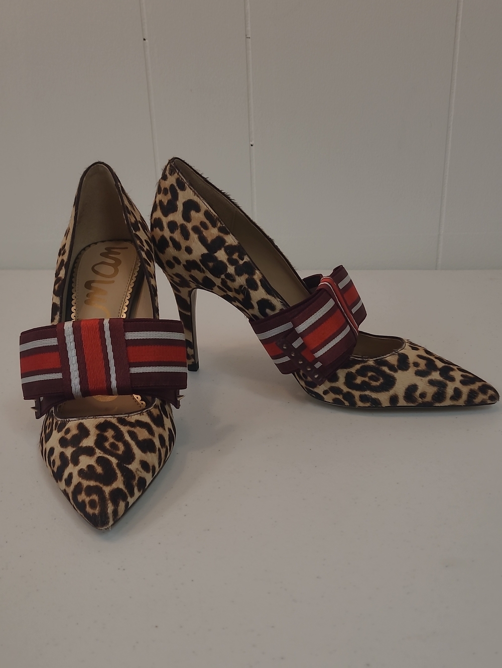 Sam Edelman Maeve Pumps Size 8 Leopard Calf Hair Print with Red/Burgundy Bow